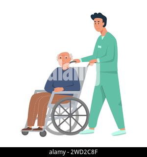 Männliche Krankenschwester mit altem Mann im Rollstuhl. Opa sitzt im Rollstuhl. Pensionierter älterer Mann mit Behinderungen. Konzept für betreutes Wohnen, Krankenpflege ho Stock Vektor