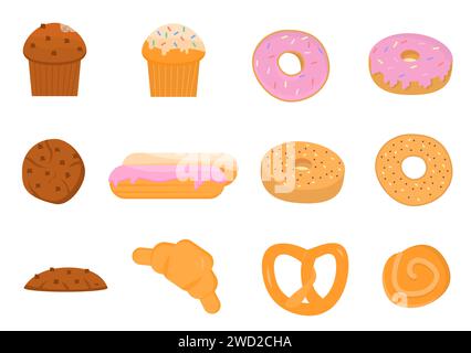 Set von Comic Backwaren für Backwaren Menü, Rezeptbuch. Glasierter rosafarbener Donut mit bunten Streuseln, Bagel, Croissant, Cupcake mit Topping, Stock Vektor