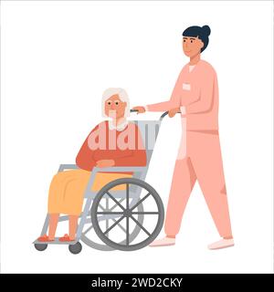 Krankenschwester mit alter Frau im Rollstuhl. Großmutter sitzt auf dem Rollstuhl. Ältere Seniorin mit Behinderung im Ruhestand. Konzept für betreutes Wohnen oder nu Stock Vektor