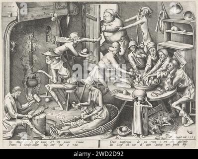 Lean Cuisine, Pieter van der Heyden, nach Pieter Bruegel (I), 1563 drucken Kücheneinrichtung mit kargen Menschen essen Muscheln an einem Tisch. Ein Mann rührt sich in einem Wasserkocher auf dem Feuer und gibt einer Frau vorne ein Kind aus einem Trinkhorn zu trinken. Oben versucht ein fetter Mann, aus der mageren Küche zu fliehen, während zwei magere Leute versuchen, ihn zu kriegen. Unter der Show ein zwei-Wege-Vers auf Französisch und Niederländisch. Antwerpener Papiergravur Kücheneinrichtung. Schlechte Küche. Dünn (menschlicher Typ). Stillstuhl (Niederländisch: „Bakermat“) Stockfoto