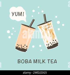 Banner für beliebten taiwanesischen Bubble Milk Tee. Zwei Gläser zum Mitnehmen mit Perlmilchtee und braunem Zuckersirup boba Tee. Mit spielerischer Aufnahme Yum und t Stock Vektor