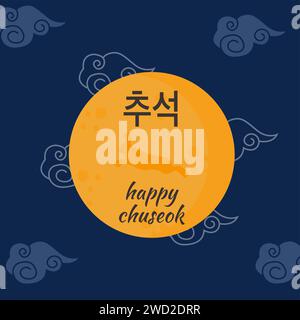 Glückwunsch-Chuseok-Grußkarte. Traditioneller koreanischer Erntefeiertag. Blauer Himmel Hintergrund mit chinesischen Wolken. Ein Vollmond mit Jadehase, der springt. Ein Folkt Stock Vektor