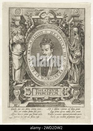 Theaterprinzip, Hendrick Goltzius, nach Hieronymus Wierix, ca. 1587 - ca. 1620 Druck dieser Druck ist eine Kombination zweier Designs. Der Rahmen diente ursprünglich als Goltzius-Titelblatt für eine Serie aus sechzehn Blättern mit den Kardinaltugenden und Laster, auf diesem Druck wurde der Titel durch „Theatrum Principum“ ersetzt. Eine zweite Platte ist auf dem Papier im Oval gedruckt: Eine Kopie des Porträts von Henri III., dem König von Frankreich, der 1586 von Hieronymus Wierix eingraviert wurde. Papiergravur Stockfoto