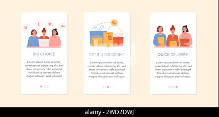Bildschirmsatz für mobile Online-Shopping-App. Konzept des E-Commerce-Stores. Rabattetikett mit Einkaufstaschen und Geschenken, eine Frau, die Artikel zum Kauf auswählt Stock Vektor