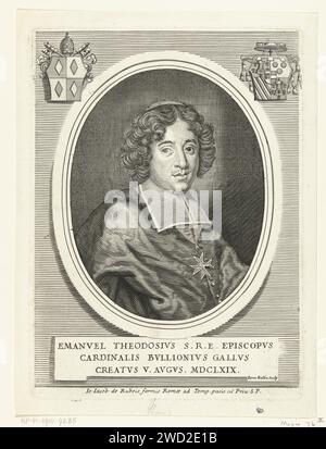 Portret van Emmanuel Théodore de la Tour d'Auvergne Kardinaal van Bouillon, Barend de Bailliu, 1668 - 1704 Druck Porträt von Emmanuel Théodore de la Tour d'Auvergne Kardinal van Bouillon im ovalen Rahmen mit zwei Wappen. So erwarb er am 5. August 1669 das Amt des Kardinals. Rom Papierstich Kardinal Stockfoto