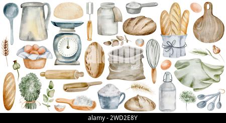 Dieses Aquarellgemälde zeigt eine Sammlung von Back-, Brot- und Essenswerkzeugen. Jedes Element hat einen charmanten, rustikalen Stil. Stockfoto