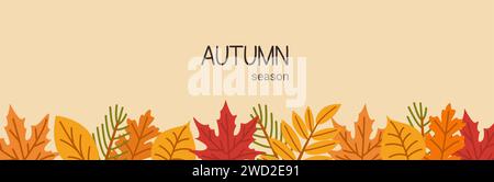 Botanisches Banner im Herbst flache Vektorvorlage. Zusammensetzung von Blättern und Zweigen. Botanik-Grußkarte für die Herbstsaison, Postkartendesign. Leafage, Waldwagen Stock Vektor