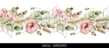 Dies ist ein nahtloser Rand aus zartem Mohn und Spikelett auf weißem Hintergrund. Ideal für den Einsatz in Designprojekten wie Textilien Stockfoto