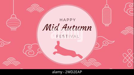 Herbstfest-Illustration mit Laternen und Häschen. Chinesische Dekorationselemente und Vollmond mit Unterschrift. Grußkarte für Chuseok, Mitte Herbst Stock Vektor