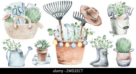 Gartengeräte und -Geräte. Aquarellelemente von Vintage-Gießkanne, Schürze und Handschuhen auf weißem Hintergrund. Handgezeichnete Gartensymbole. Stockfoto