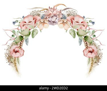 Ein Set von Aquarellfloralen Kränzen, Kompositionen von Blumen in sanften Tönen und üppigem Grün auf weißem Hintergrund. Stockfoto