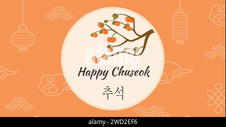 Thanksgiving-Tag in Korea. Herbstlicher Persimmon-Baum. Grußkarte Happy Chuseok, Hangawi. Koreanischer Titel. Vollmondfeiertag. Hintergrund mit tra Stock Vektor