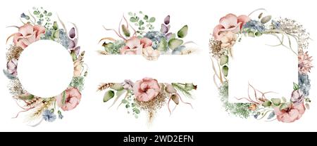 Ein Set von Aquarellfloralen Kränzen, Kompositionen von Blumen in sanften Tönen und üppigem Grün auf weißem Hintergrund. Stockfoto