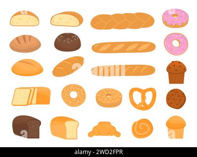 Set von Comic Backwaren für Backwaren Menü, Rezeptbuch. Französisches Baguette, Roggenbrot, Vollkornbrot, Bagel, Croissant, Toast, Sauerteig, Stock Vektor