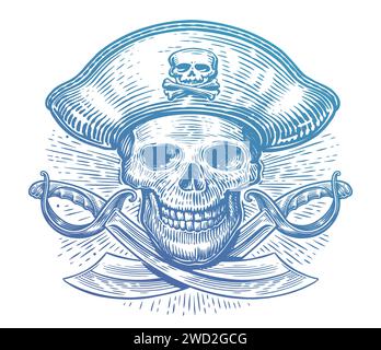 Schädel über überkreuzte Säbel. Jolly Roger, Piratensymbol. Abbildung des Corsair-Vektors Stock Vektor