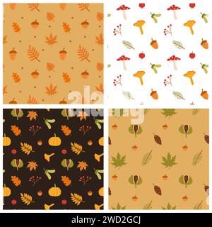 Satz nahtloser Muster. Herbstwald Blätter, Pilze, Kürbis und Beeren Vektor. Herbstlaub mit Eicheltapete. Rote Aschbeere, Stock Vektor