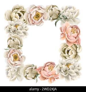 Quadratischer Rahmen aus weißen, beigen Pfirsich-Fuzz-Pfingstrosen-Blüten. Floral Aquarell Illustration Hand gemalt isoliert auf weißem Hintergrund. Perfekt für die Hochzeit in Stockfoto