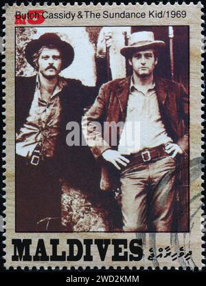 Bild von Robert Redford und Paul Newman in "Butch Cassidy" auf Briefmarke Stockfoto