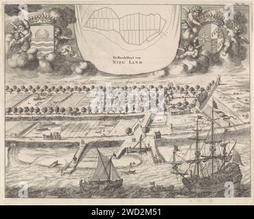 Blick auf die Heerlijkheid Nieuwland, Jan Luyken, 1696 Print Ansicht des Dorfes und der Heerlijkheid Nieuwland auf Walcheren, in einer nusshaften Perspektive. Oben links Putti mit der Waffe von Nieuwland. Oben in der Mitte eine Karte mit dem Ruhm und dem Titel. Oben rechts das Wappen der Catharina Verbrugge - der Witwe von Cornelis Claesz. Van Elfsdijk, der den Ruhm 1679 gekauft hatte. Bild oben rechts: S. 663. Druckerei: Amsterdampublisher: Middelburg Verlag: Amsterdam Papierätzung / Gravur von Karten verschiedener Länder oder Regionen. Wappen (als Symbol des Stat Stockfoto