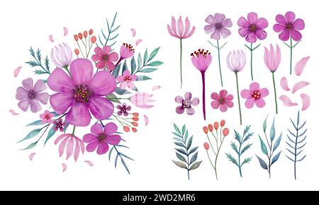 Set von Aquarellblume Blumenstrauß Vektor für Feier, Party, Gruß und Dekoration. In den Farben Pink, Violett und Grün Stock Vektor