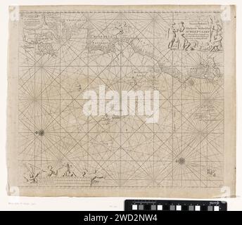 Pass Card für einen Teil des Atlantiks mit der Westküste Europas und eines Teils Afrikas, Anonym, nach Jan Luyken, 1681 - 1803 Print Pass Card für einen Teil des Atlantiks mit der Westküste Europas und eines Teils Afrikas, mit zwei Kompassrosen, der Norden befindet sich auf der linken Seite. Oben rechts eine Kartusche mit dem Titel und oben links die Adresse des Verlegers. Der Titel ist von Händlern aus verschiedenen Ecken umgeben. Unten links die Skala, in Deutsch, Spanisch und Englisch oder Französisch Meilen (Maßstab: c. 1: 9.000.000), umgeben von einer Meerjungfrau, Seeleuten und einem Meeresgott. Amsterdam Papier Stockfoto