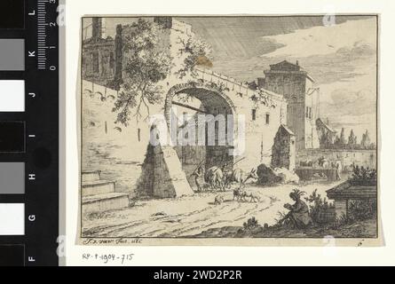 Blick auf eine Hafenstadt, F, Jan Vincentz. Van der Vinne, nach Thomas Wijck, 1686 Print Ansicht eines Tores einer Stadtmauer. Darunter laufen zwei Figuren mit einer Rucksackschlinge. Im Vordergrund ein sitzender Zeichner Haarlem Papier, der Stadtmauern graviert. Türme  befestigte Stadt. Tor  befestigte Stadt. Künstler bei der Arbeit, in seiner Werkstatt - BB - out of Doors (+ Variante). Künstler (im Allgemeinen), der Vorentwürfe macht, Skizzen - BB - außerhalb der Türen. Maultier Stockfoto