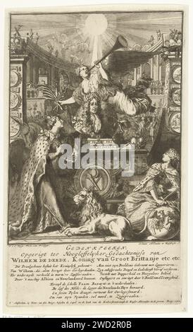 Allegorie über den Tod von Wilhelm III., König von England, Pieter van den Berge, 1702–1704 drucken fantasievolle Grabdenkmal für Wilhelm III., eine Büste des gefeierten Königs auf einem Sockel. Eine Ehrengalerie im Hintergrund. Es gibt Tugend und Religion rund um das Denkmal, vor dem Sockel ist der niederländische Löwe und Ruhm weht auf ihre Trompete. Unter der Show ein Vers von drei Couplets auf Niederländisch mit einer Erklärung der verschiedenen Menschen. Amsterdam Papier Radieren / Gravur Personifizierungen von Ländern, Nationen, Staaten, Bezirken usw. Hunger; 'Fama', 'Good Fame', 'Chiara Fame' (Ripa). allego Stockfoto