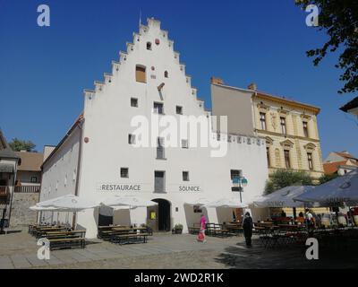 Ceske Budejovice Stadt, Panoramablick, malerischer Blick auf die Straßen, Platz, České Budějovice Stadt, Tschechische republik, Europa, wunderschöner feindseliger Stadtarchitekt Stockfoto