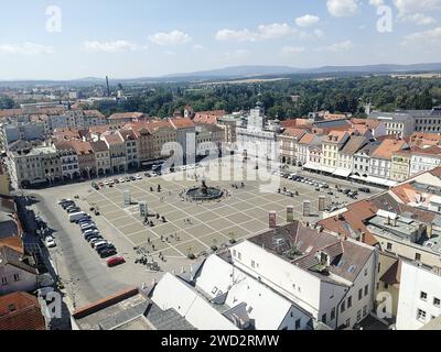 Ceske Budejovice Stadt, Panoramablick, malerischer Blick auf die Straßen, Platz, České Budějovice Stadt, Tschechische republik, Europa, wunderschöner feindseliger Stadtarchitekt Stockfoto