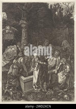 Graflegging van Christus, anonym, nach Albrecht Dürer, 1507–1578 Druck der Leichnam Christi wird von Nikodemus und Joseph von Arimatea unter einem Baum in einem Grab platziert. Die anderen Figuren um das Grab trauern. Die Dornenkrone befindet sich zu Marias Füßen. Ein Engel hält eine Kartusche mit lateinischem Text hoch. Nürnberger Papier mit Gravur Christi (evtl. von Engeln) Stockfoto