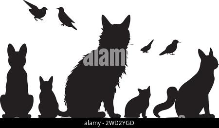 Gruppe von Haustieren; Hund, Katze, Frettchen, Kaninchen, Vogel, Fisch, Nagetier, solide schwarze Silhouette Vektor Illustration. Stock Vektor