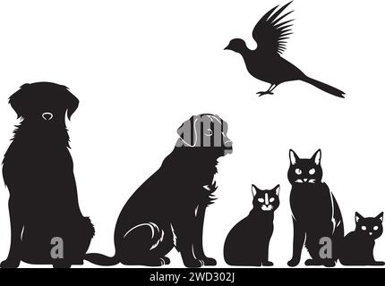 Gruppe von Haustieren; Hund, Katze, Frettchen, Kaninchen, Vogel, Fisch, Nagetier, solide schwarze Silhouette Vektor Illustration. Stock Vektor