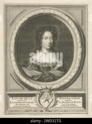 Portret van Louise Francoise de la Baume Le Blanc de la Vallière, Jacob Gole, nach David van der Plas, 1708–1711 Druck Portrait in Ovale Liste der Louise Francoise de la Baume le Blanc de la Vallière, der Geliebten von Louis XIV Halbiert nach rechts. Unter dem Porträt das Wappen ihrer Familie. Der Druck hat eine französische Beschriftung. Amsterdamer Papierstich Stockfoto