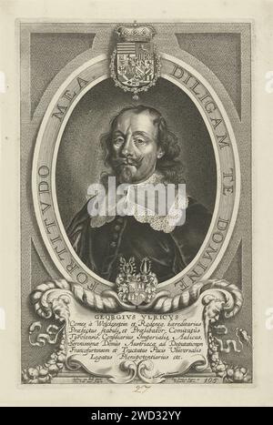 PortraT van Georg Ulrich von Wolkenstein und Rodenegg, Cornelis Galle (II), nach Anselm van Hulle, 1649 Druck Portrait von Georg Ulrich von Wolkenstein und Rodenegg, Gesandter für Österreich während der Friedensverhandlungen von Münster. Porträt in Oval mit Motto: Diligam in Domine Fortitudo MEA. Unter dem Familienwappen von Wolkenstein-Rodenegg. Antwerpener Papiergravur Stockfoto