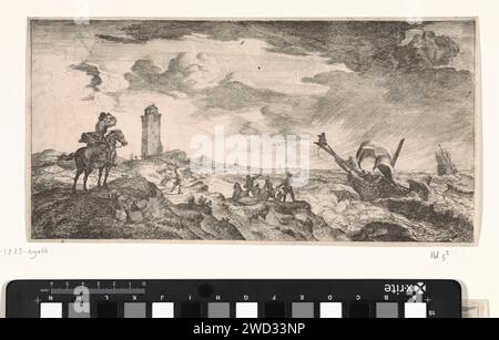 Sturm auf See, Joost van Geel, in oder nach 1666 Druck im Vordergrund, ein Postbote auf dem Pferd schaut auf einen Sturm auf See. Ein Schiff stirbt in den wilden Wellen. Rotterdam Papier Ätzen / Gravieren Meer. Schiffe (im Allgemeinen) - CC - mehr als ein Schiff. Postdienst. Sturm auf See. Schiffbruch Stockfoto