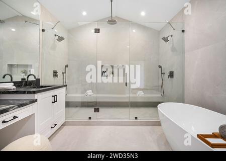 Ein modernes, elegantes Badezimmer mit einer eleganten freistehenden Badewanne und einem Waschbecken Stockfoto