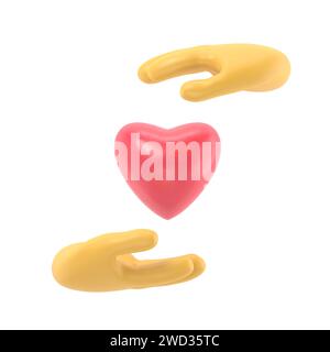 Krankenversicherungskonzept. Schutz Gesundheit. Pflege medizinisch. Die Handflächen schützen das Herz. Symbol Healthcare.3D-Rendering auf weißem Hintergrund. Stockfoto