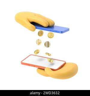 Mobile Zahlung Geldtransfer flache 3D-Isomometrie isometrisches Finanztransaktionskonzept Web 3D Illustration. Münztropfen regneten von einem Smartphone zu Stockfoto