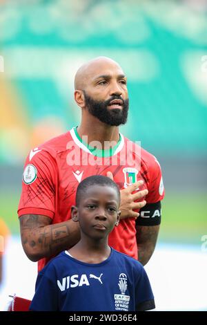 Abidjan, Nigeria. Januar 2024. Equitorial Guinea gegen Guinea Bissau. Afrikanischer Nationenpokal AFCON 2023. Emilio Nsue Lopez. Victor Modo Stockfoto