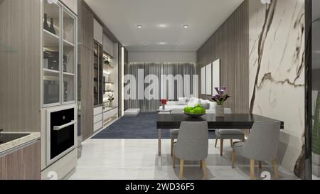Modernes Esszimmer und Wohnzimmer für das Apartment Stockfoto