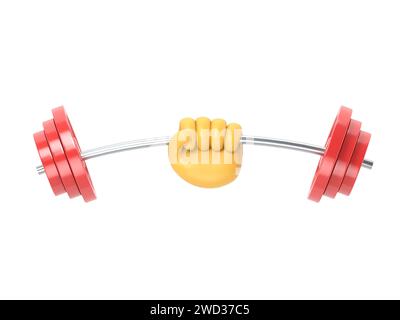 Starkes Konzept. Symbol „Barbell in Hands“. Hand eines Mannes, der eine Hantel hält. Flache 3D-Illustration. Gewichtheben, Training hart Konzept. Sportliche Fitness Stockfoto