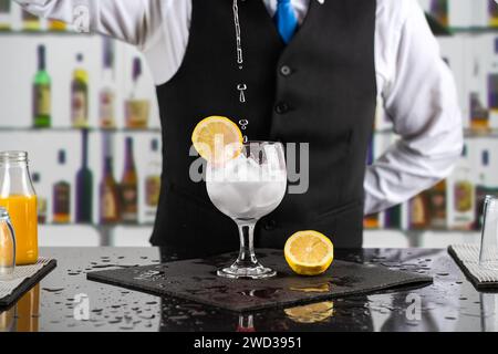 Abgeschnittene Aufnahme eines Barkepers, der im Nachtclub ein Gin Tonic macht. Stockfoto