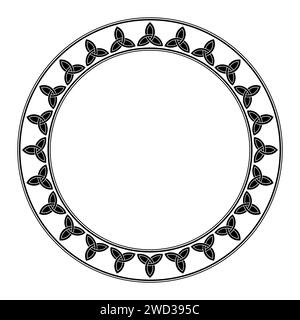 Kreisförmiger Rahmen mit keltischem Triquetra-Muster. Dekorative Grenze mit dem Emblem der Heiligen Dreifaltigkeit, gebildet durch verschlungene Bögen oder Teile von Kreisen. Stockfoto