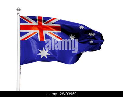 Schuss der australischen Flagge, die vor weißem Hintergrund im Wind weht Stockfoto