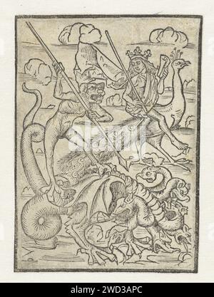 Allegorische Show, Anonym, 1490 - 1510 rechts ist ein gekrönter Mann, der auf einem Pfau sitzt, in der linken Hand hält er ein Blatt Papier, rechts einen Stock. Vorne links ist der Teufel auf einem Drachen mit sieben Tassen, er hat einen Spieß in der Hand Deutschland Papier Ziervögel: pfau. teufel in Form von (fabelhaften) Tieren Stockfoto