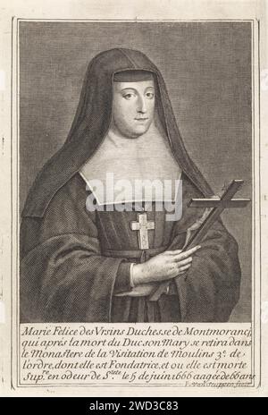 Porträt von Marie-Félice Orsini, Herzogin von Montmorency, Pieter van Schuppen, 1666 - 1702 Druck Porträt von Marie-Félice Orsini, Herzogin von Montmorency, als Nonne. Sie hält ein Kruzifix in der Hand. Unter dem Porträt befindet sich eine kurze Beschreibung des Lebens und seines Todes auf Französisch. Paris Papiergravur Stockfoto