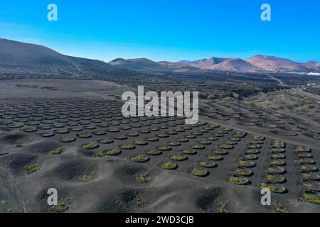 Aus der Vogelperspektive Timanfaya, Nationalpark, Caldera Blanca. Panoramablick auf Vulkane, Berge und Weinberge, Lanzarote, Kanarische Inseln, Spanien Stockfoto