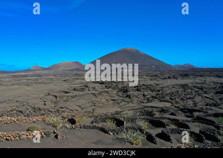 Aus der Vogelperspektive Timanfaya, Nationalpark, Caldera Blanca. Panoramablick auf Vulkane, Berge und Weinberge, Lanzarote, Kanarische Inseln, Spanien Stockfoto