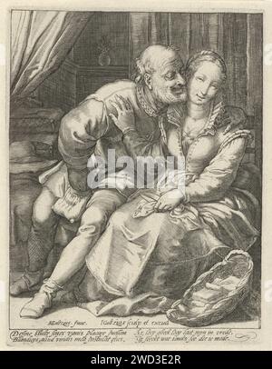 Ungleiche Liebe, Jacob Goltzius (II), nach Hendrick Goltzius, 1584–1630 Druck ein alter Mann sitzt auf einem Stuhl und berührt seine Geldtasche. Neben ihm eine junge Frau auf einem Stuhl. Der alte Mann versucht, die Frau zu küssen, aber sie wendet sich von ihm ab und hält ihn auf. Der Druck hat eine lateinische und niederländische Beschriftung Haarlem Papier, in der jung gegen alt, jung und alt graviert ist. Geldbeutel, Geldbeutel. Hässlicher alter Mann. Einseitiges Umwerben; Verfolgung; schwierige Wahl. Verheiratetes Paar ungleichen Alters. Jugendliche, junge Frau, Jungfrau (+ alter Mann (Mensch)) Stockfoto