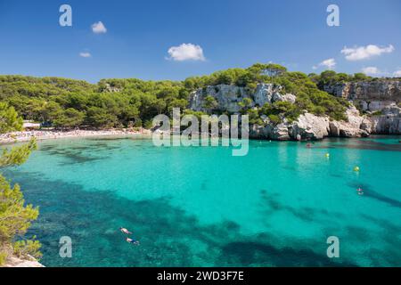 Cala Galdana, Menorca, Balearen, Spanien. Blick über das türkisfarbene Wasser von Cala Macarella bis zum Kiefernstrand. Stockfoto